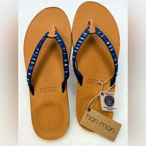 hari mari Tan Leather Flip Flops with Navy Printed Straps